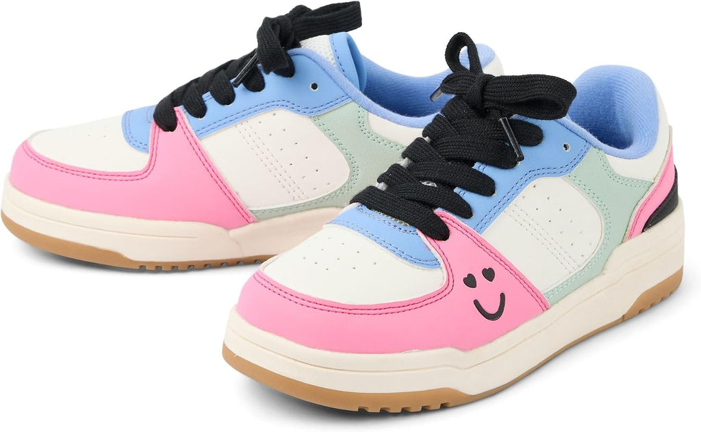 Girls' Casual Lace-Up Low-Top Sneakers — Retro Color-Block (Size 13)