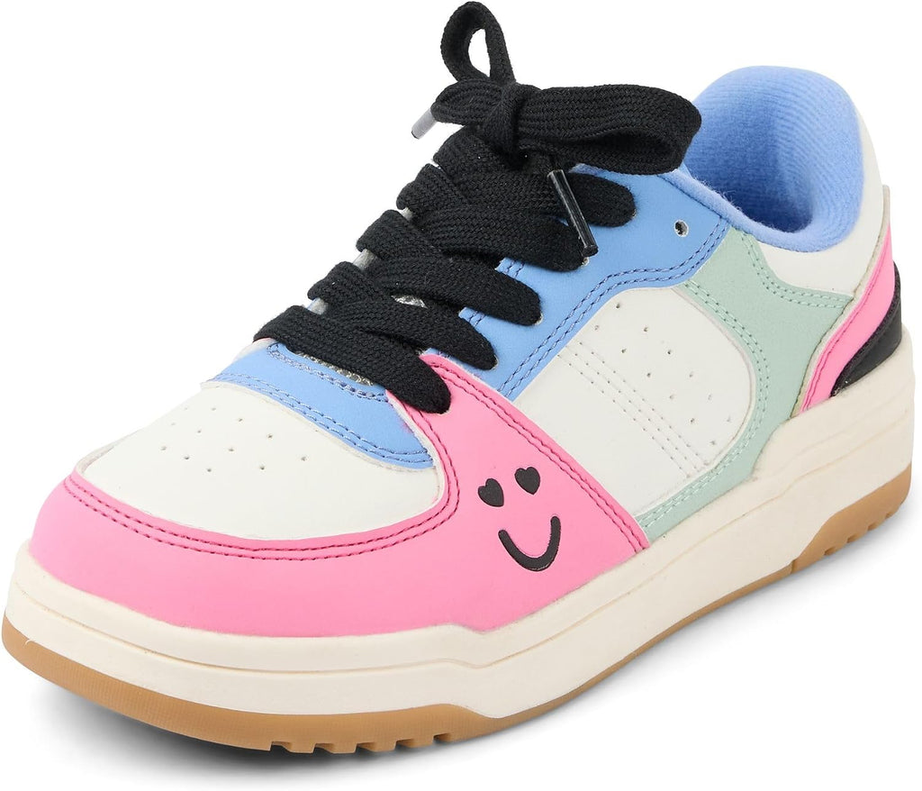 Girls' Casual Lace-Up Low-Top Sneakers — Retro Color-Block (Size 13)
